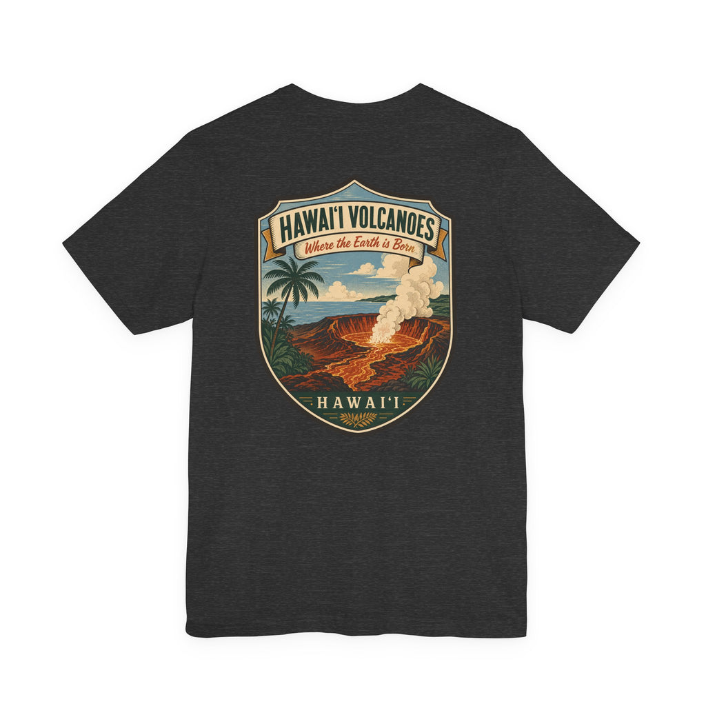 Dark charcoal T-shirt with Hawaii Volcanoes shield graphic and volcano landscape
