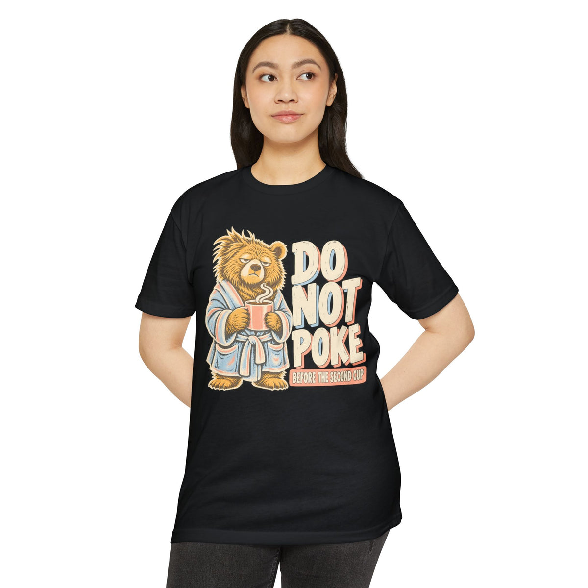 Black graphic T-shirt with grumpy bear holding a cup and 'DO NOT POKE' on front