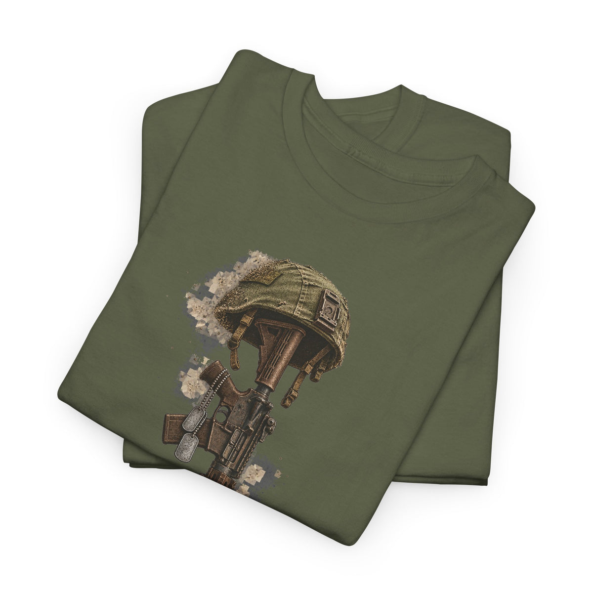 Military green memorial tribute t-shirt with printed fallen soldier helmet and boots graphic
