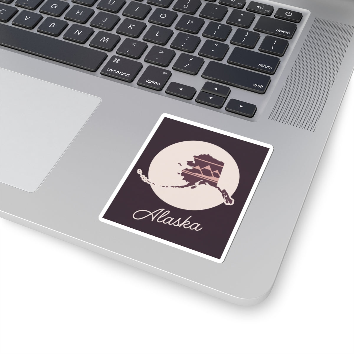 Alaska vinyl decal sticker, square outline, cream moon with mauve Alaska map and cursive Alaska