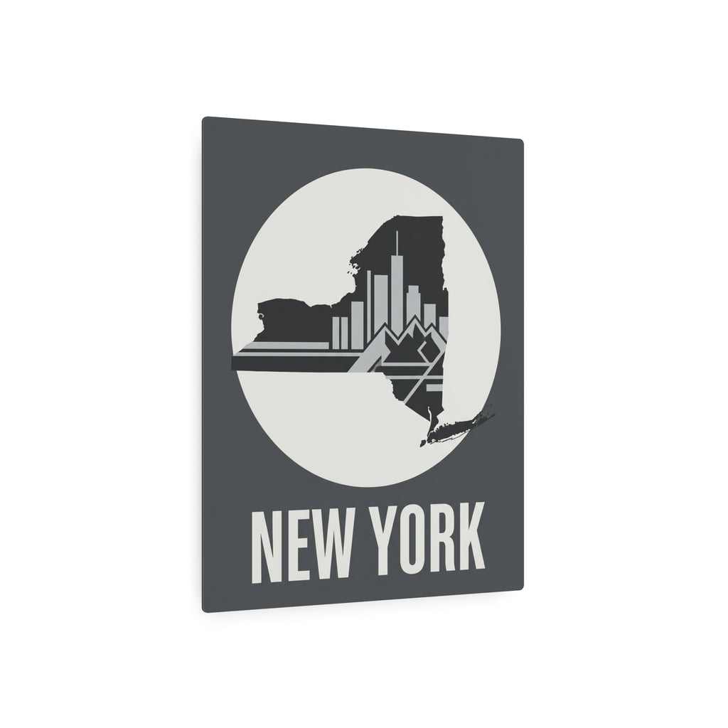 Dark gray square metal art sign with New York skyline scene in a circle and “NEW YORK”