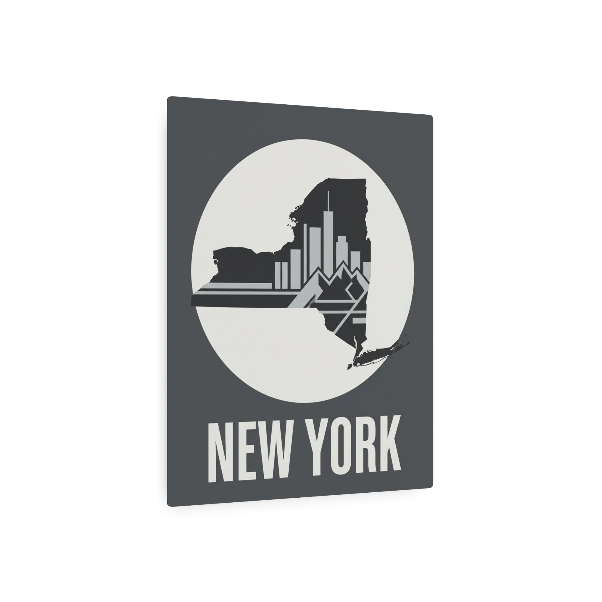 Dark gray square metal art sign with New York skyline scene in a circle and “NEW YORK”