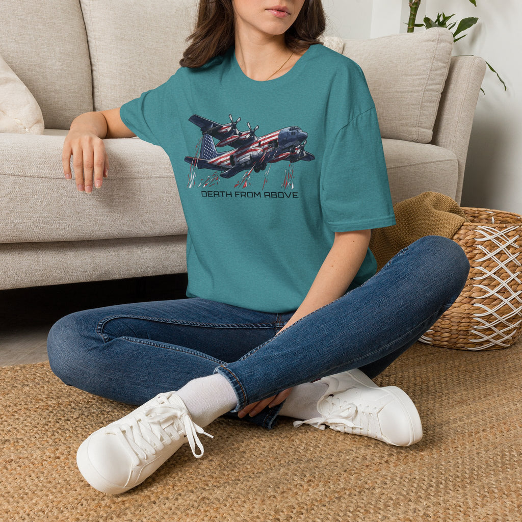 Teal C-130 airplane graphic t-shirt with crewneck and front printed artwork