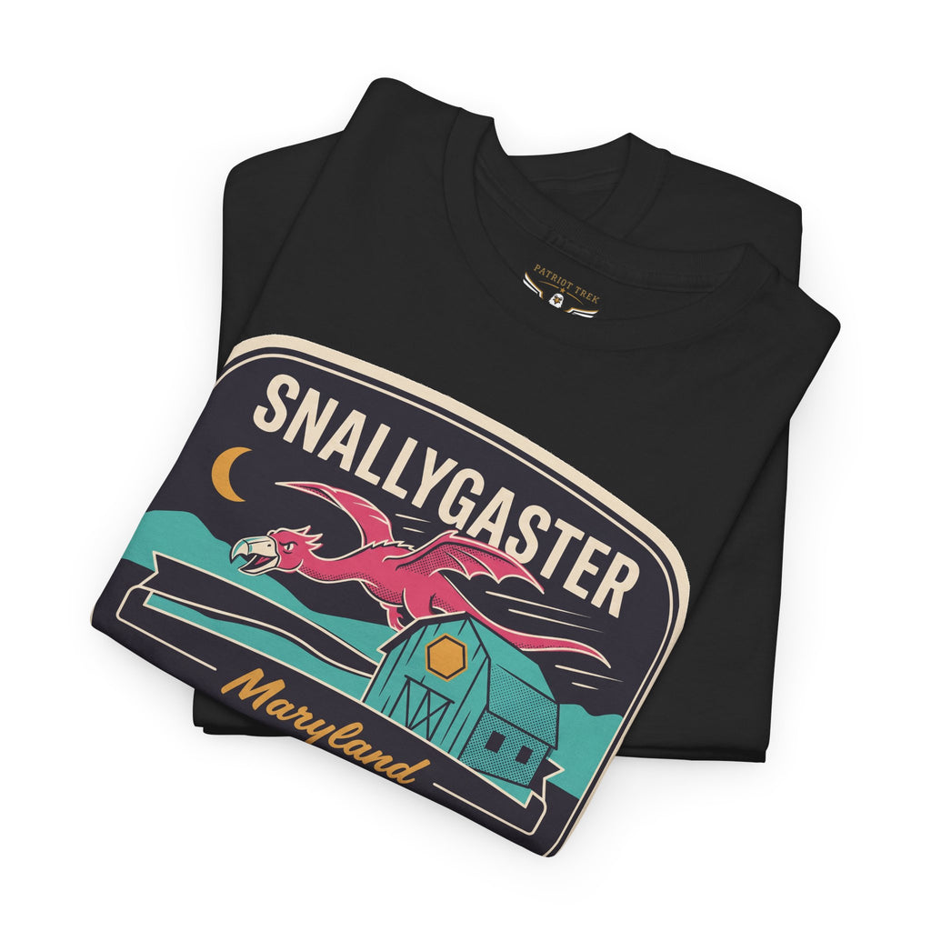 Black graphic crew-neck tee with Snallygaster Maryland flying creature design