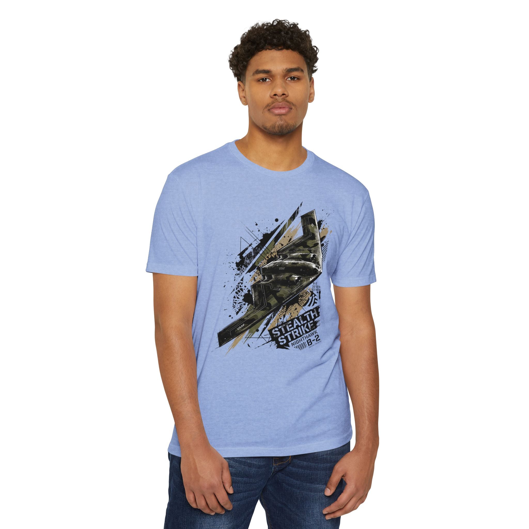 Light blue crew-neck T-shirt with B-2 bomber graphic on chest.