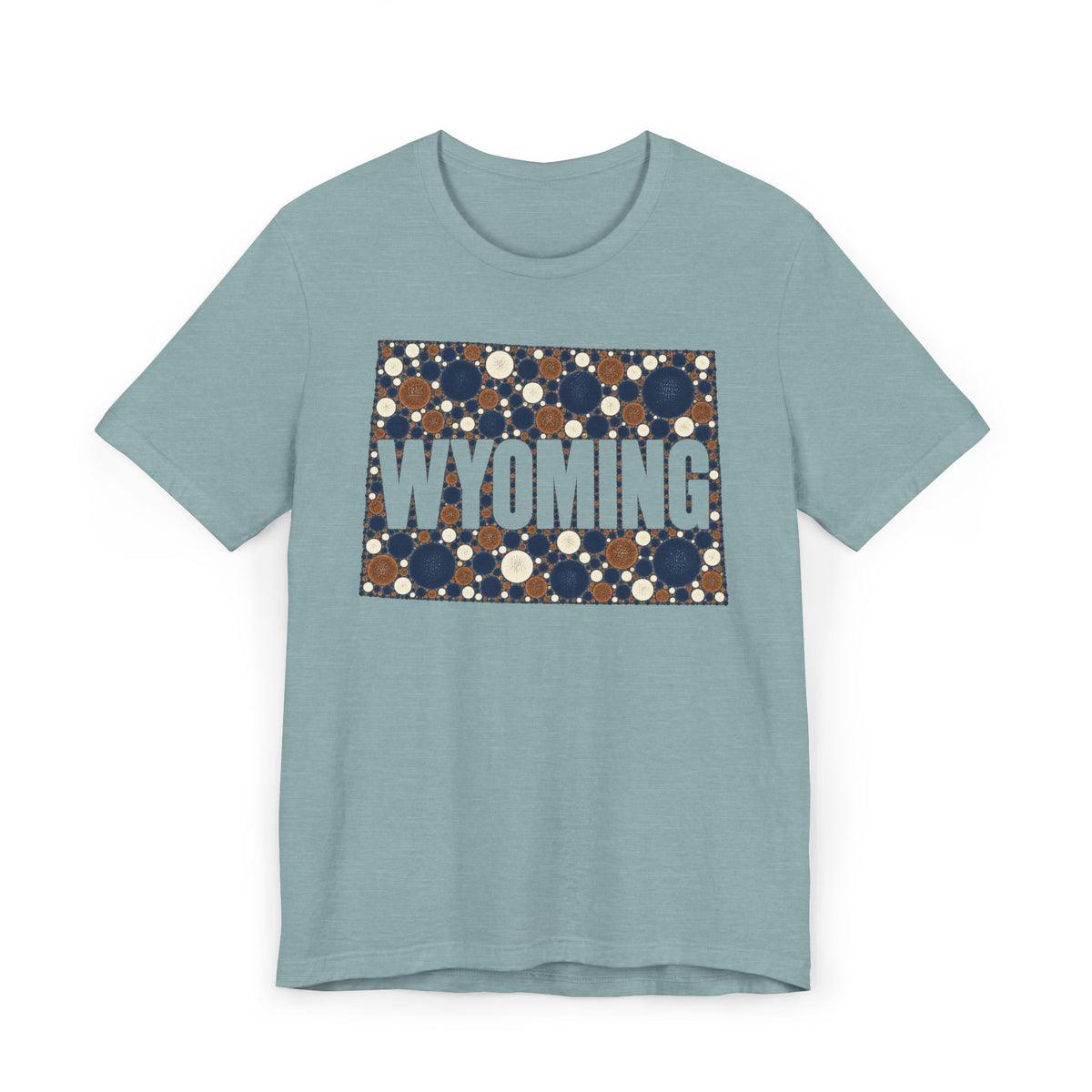 Light blue crew-neck T-shirt with Wyoming polka-dot map graphic and WYOMING text