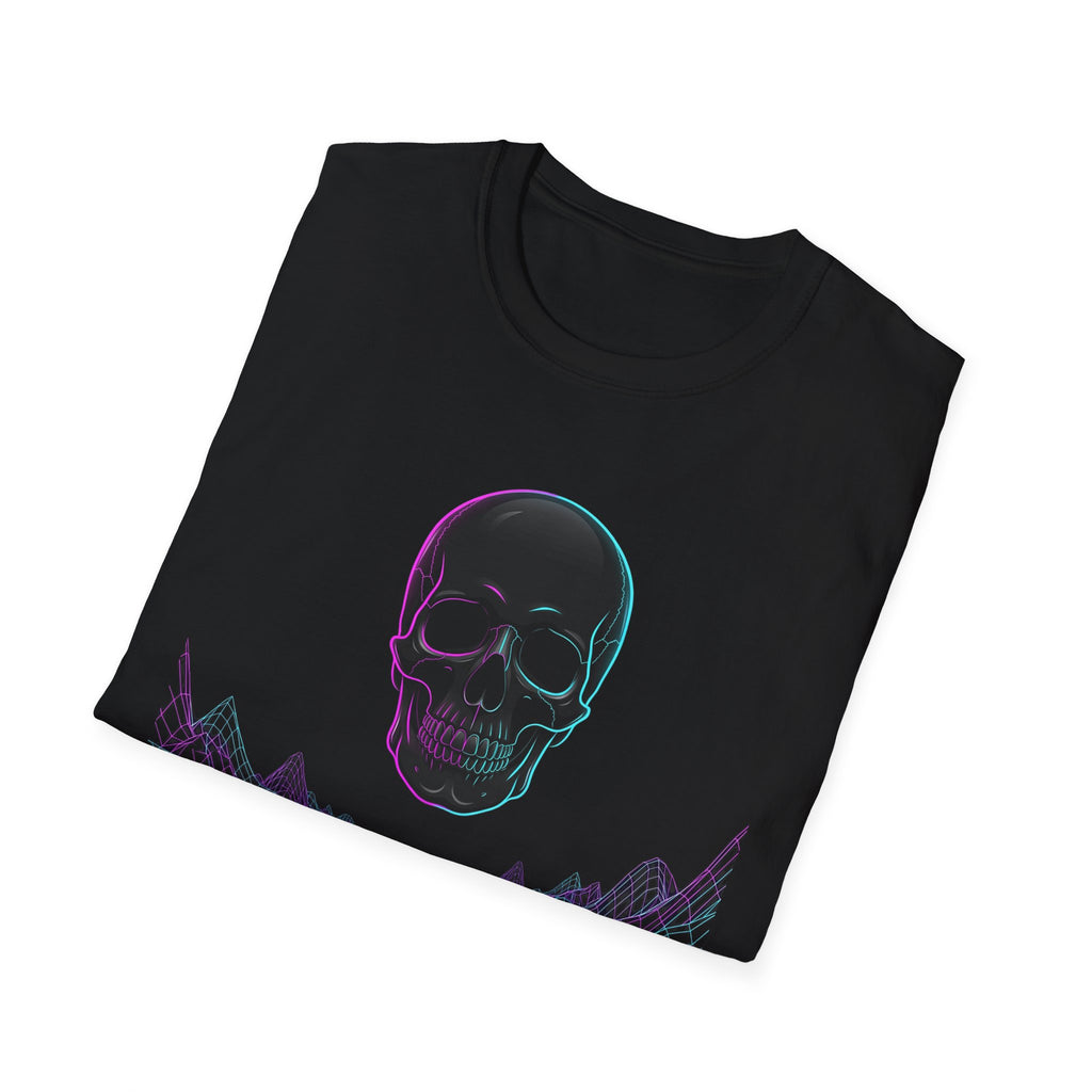 Vaporwave Neon Skull T-Shirt, schwarz mit Neon-Schädel-Print und lila Skyline