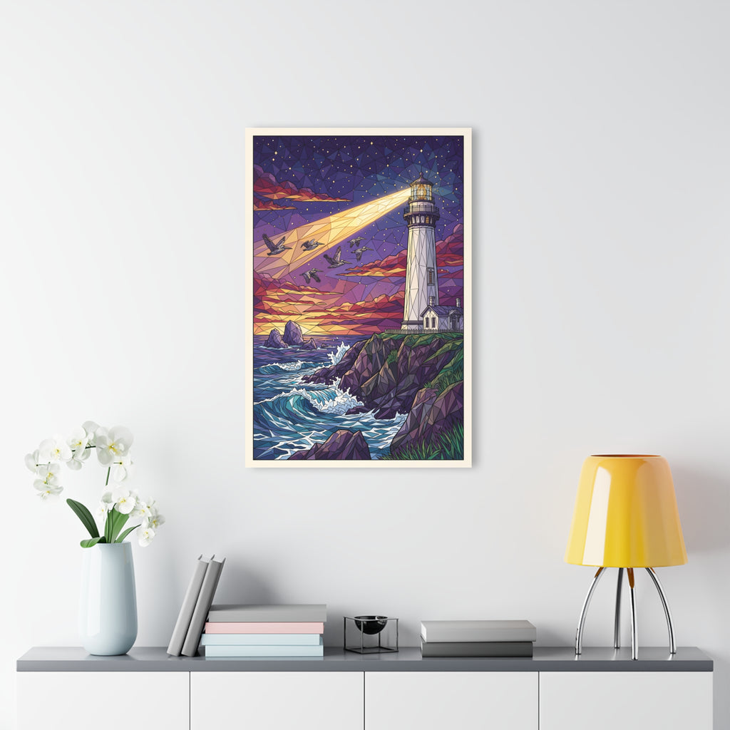 Framed coastal lighthouse wall art print with geometric waves and dramatic sunset light