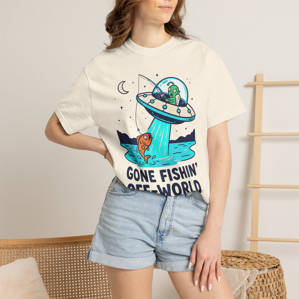 Ivory short-sleeve T-shirt with alien UFO fishing graphic and text