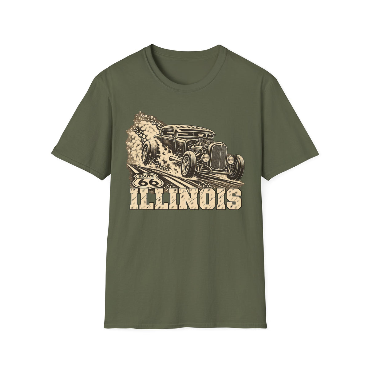 Military green hot rod T-shirt with vintage car and Illinois graphic print