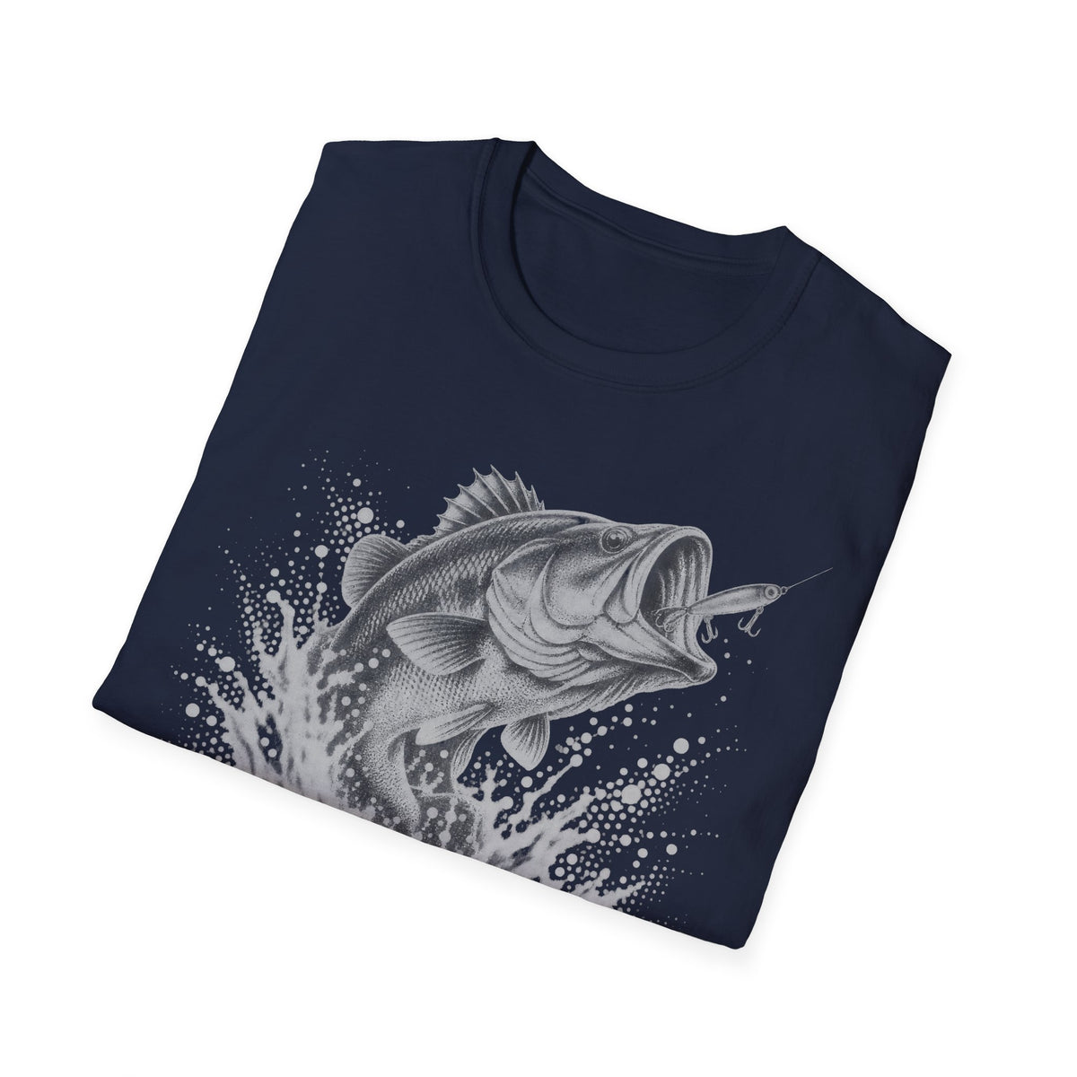 Royal blue crew-neck bass fishing T-shirt with gray fish splatter graphic