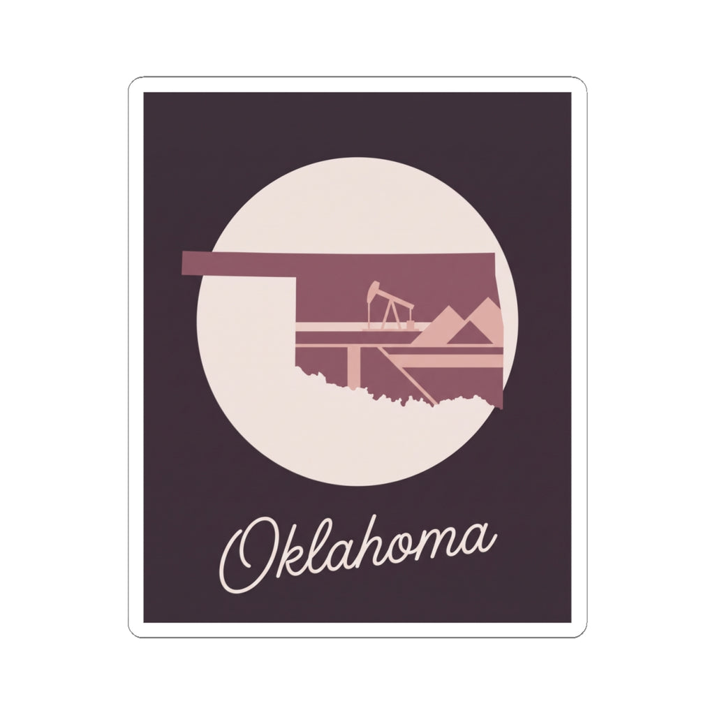 Oklahoma state kiss-cut decal with oil derrick graphic, 'Oklahoma' script, white border