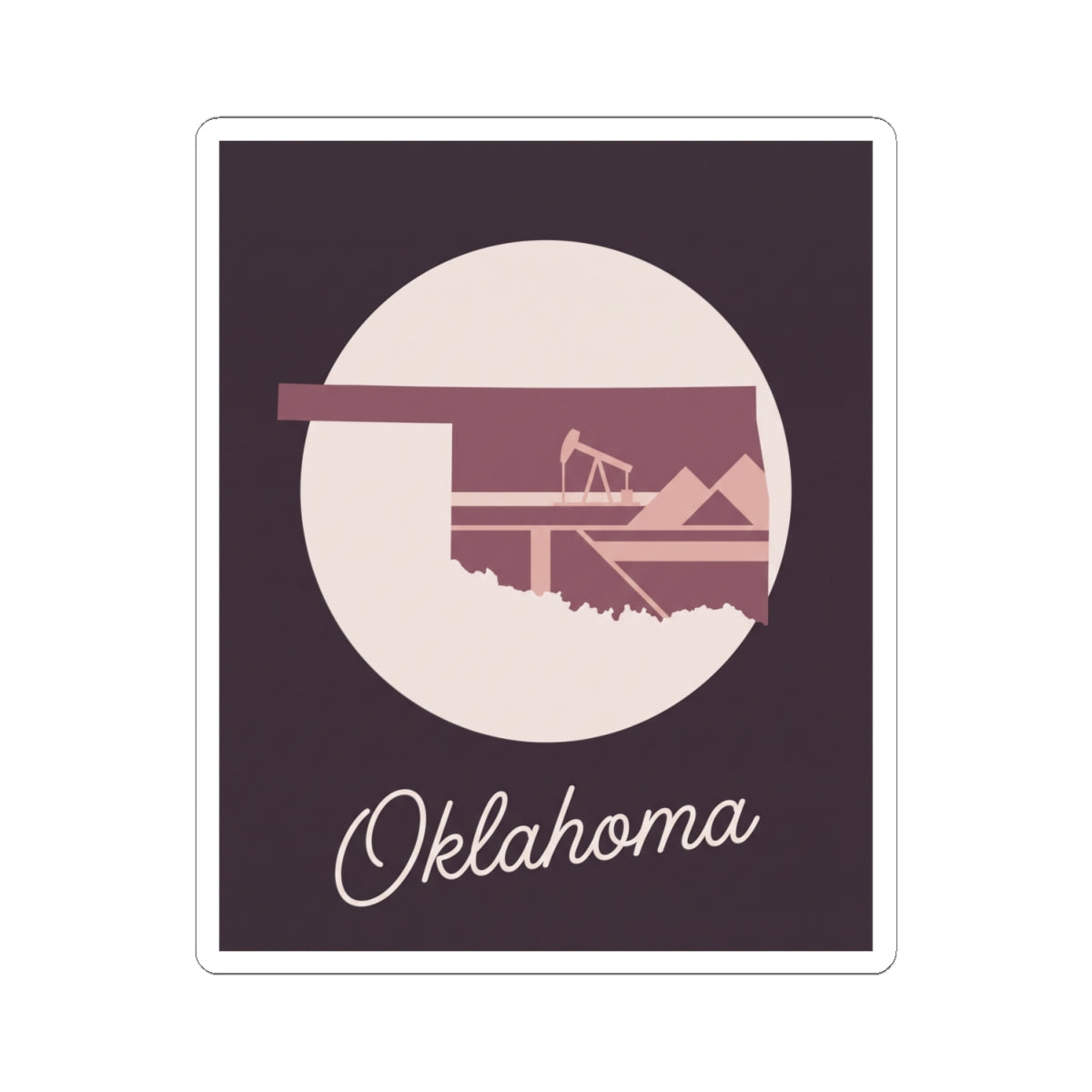 Oklahoma state kiss-cut decal with oil derrick graphic, 'Oklahoma' script, white border