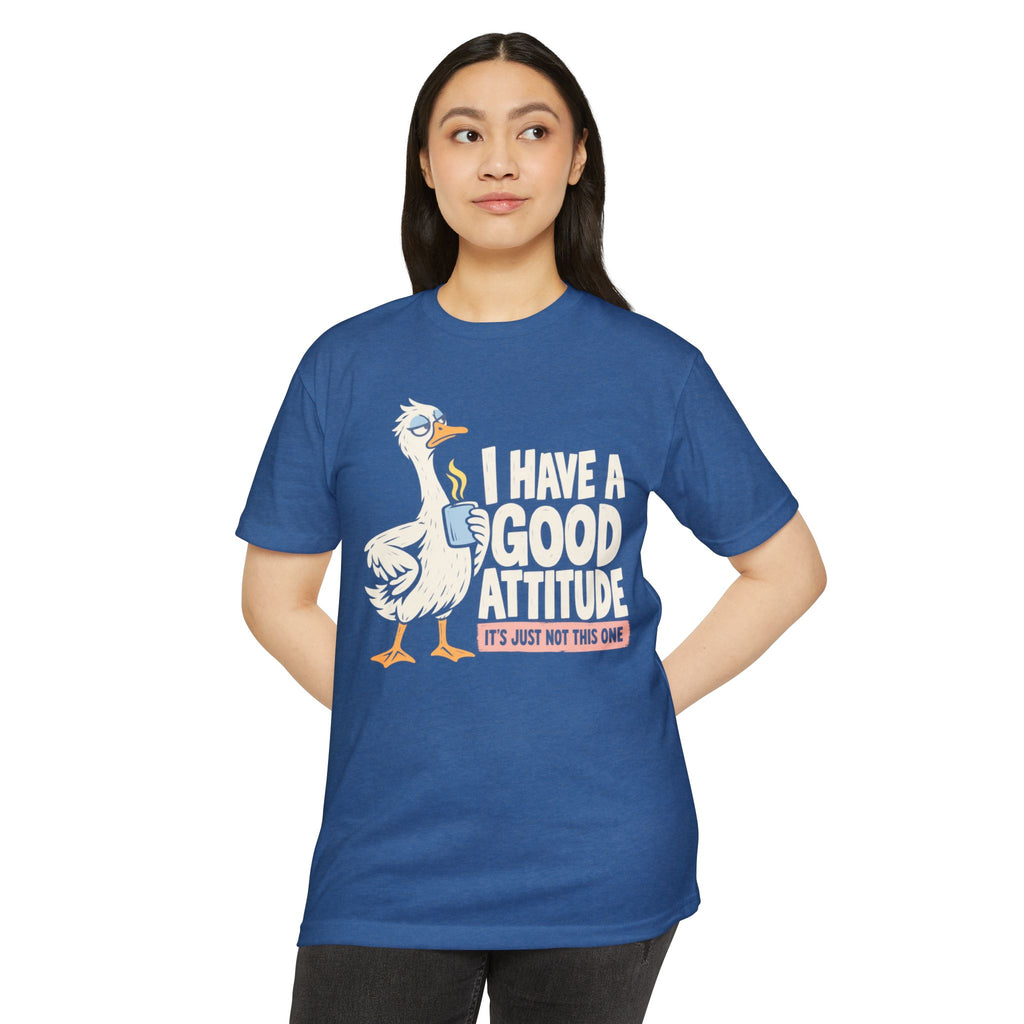 Blue graphic T-shirt with rooster and 'good attitude' quote print, front view
