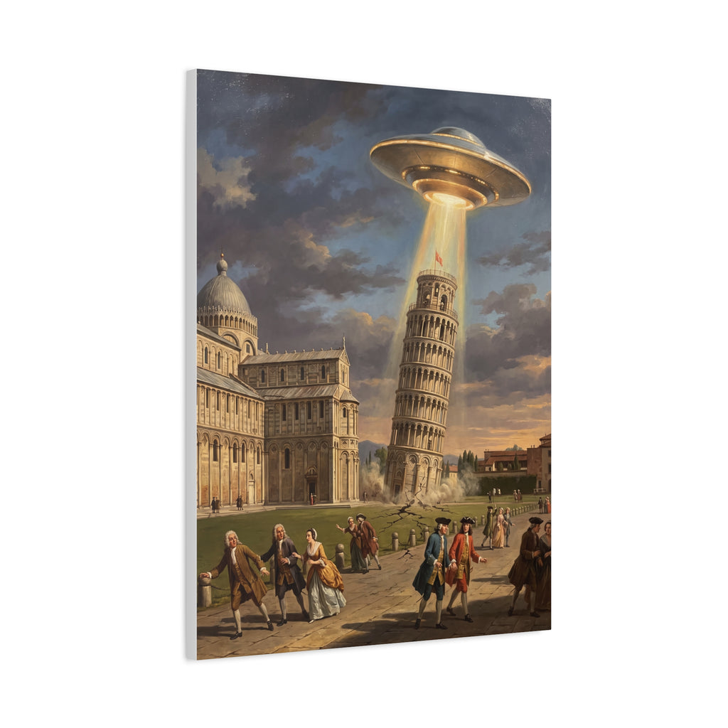 Stretched canvas print of a gold UFO above the Leaning Tower with people in the foreground