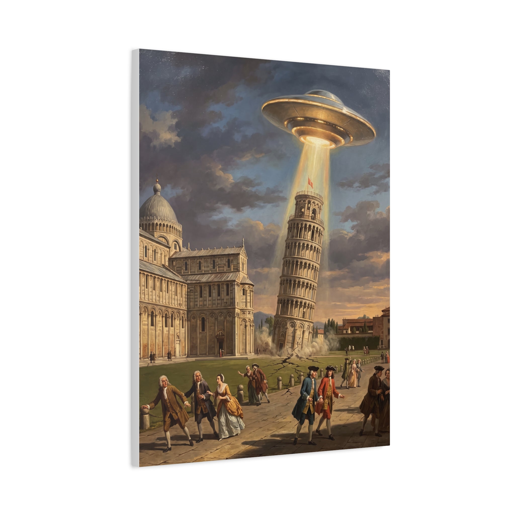 Stretched canvas print of a gold UFO above the Leaning Tower with people in the foreground