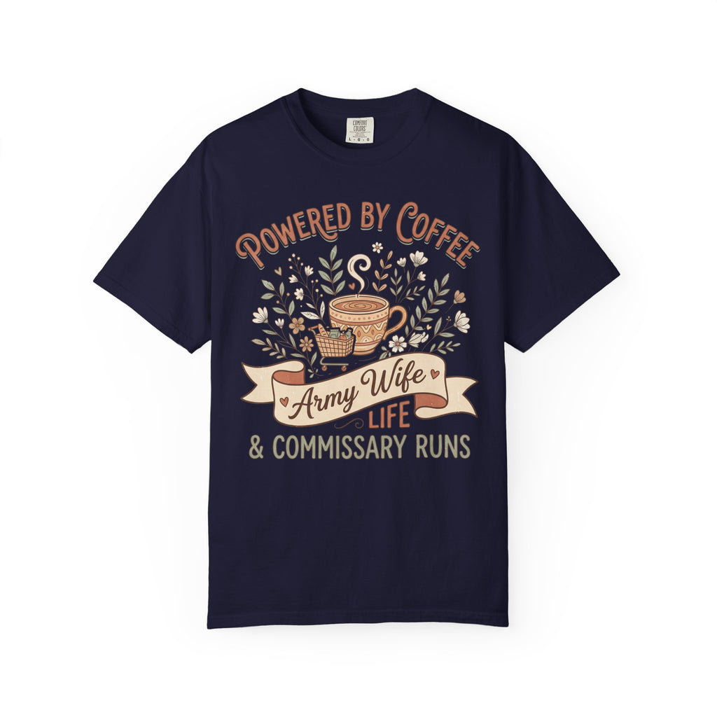 Navy crewneck T-shirt with 'Powered by Coffee' coffee graphic and 'Army Wife Life' text