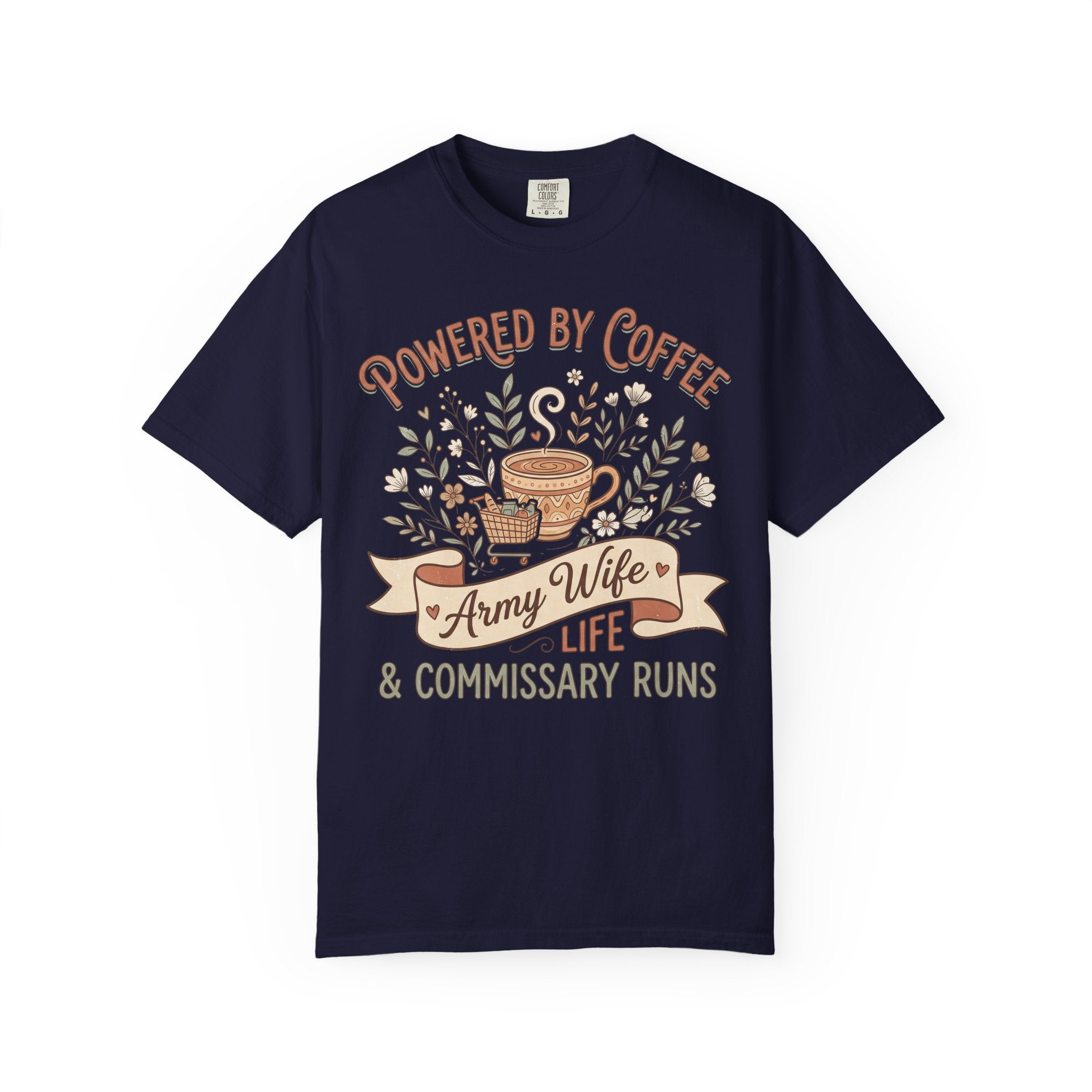Navy crewneck T-shirt with 'Powered by Coffee' coffee graphic and 'Army Wife Life' text