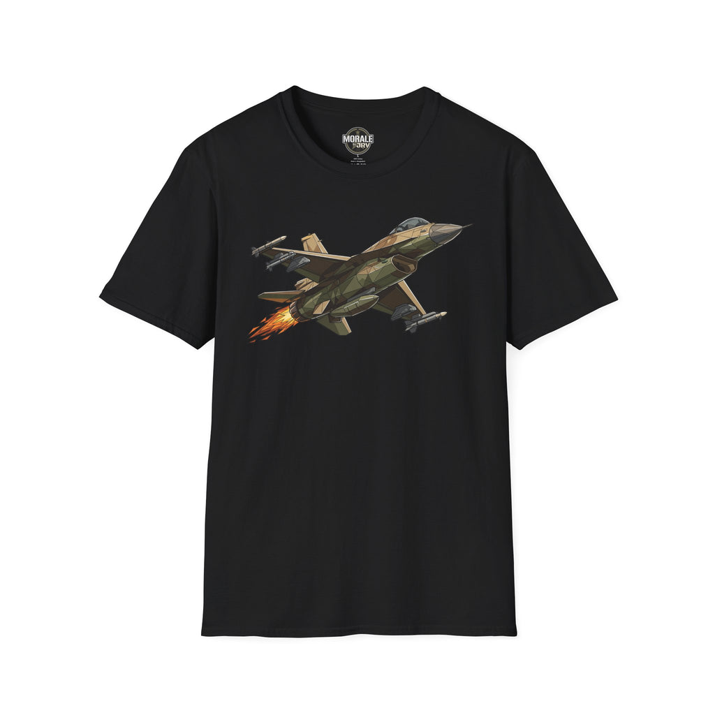 Black fighter jet illustration T-shirt with colorful jet graphic on front