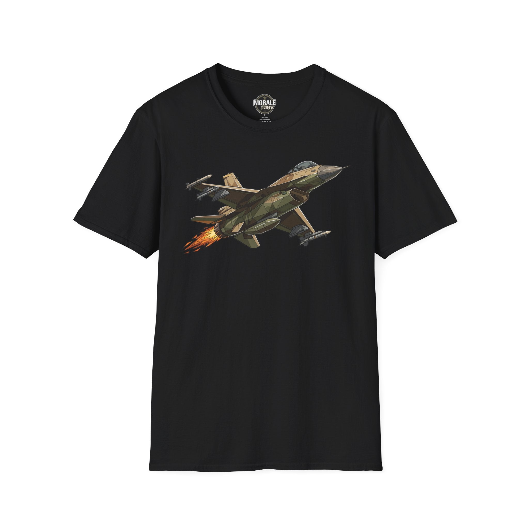 Black fighter jet illustration T-shirt with colorful jet graphic on front