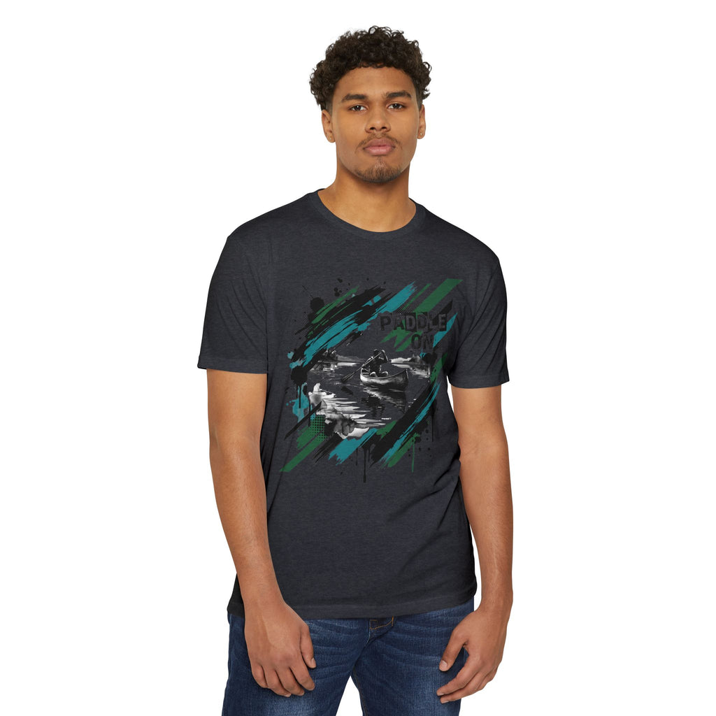 Unisex dark gray T-shirt with paddle graphic on front, crew neck, short sleeves.