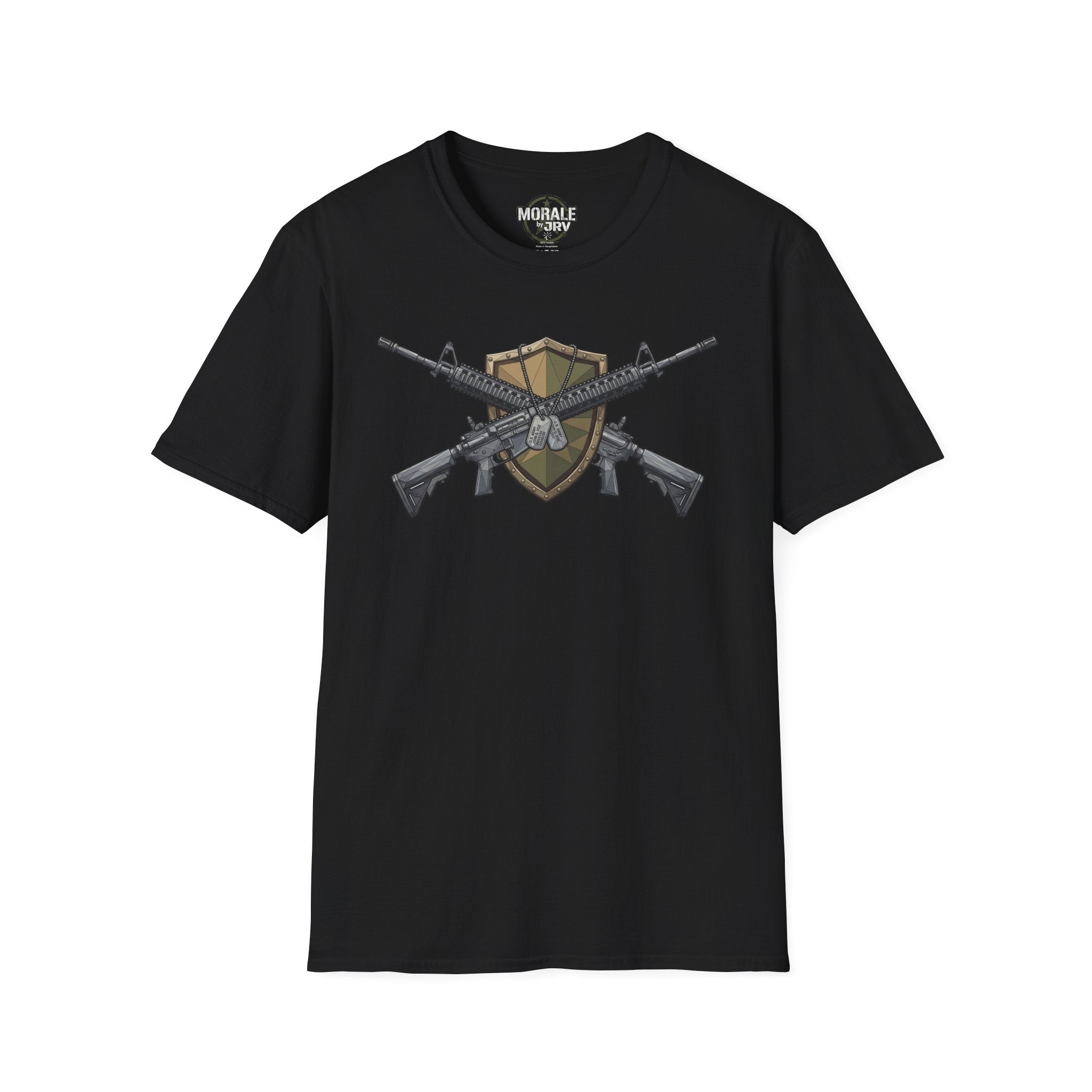 Black crew-neck T-shirt with crossed rifles and shield emblem graphic