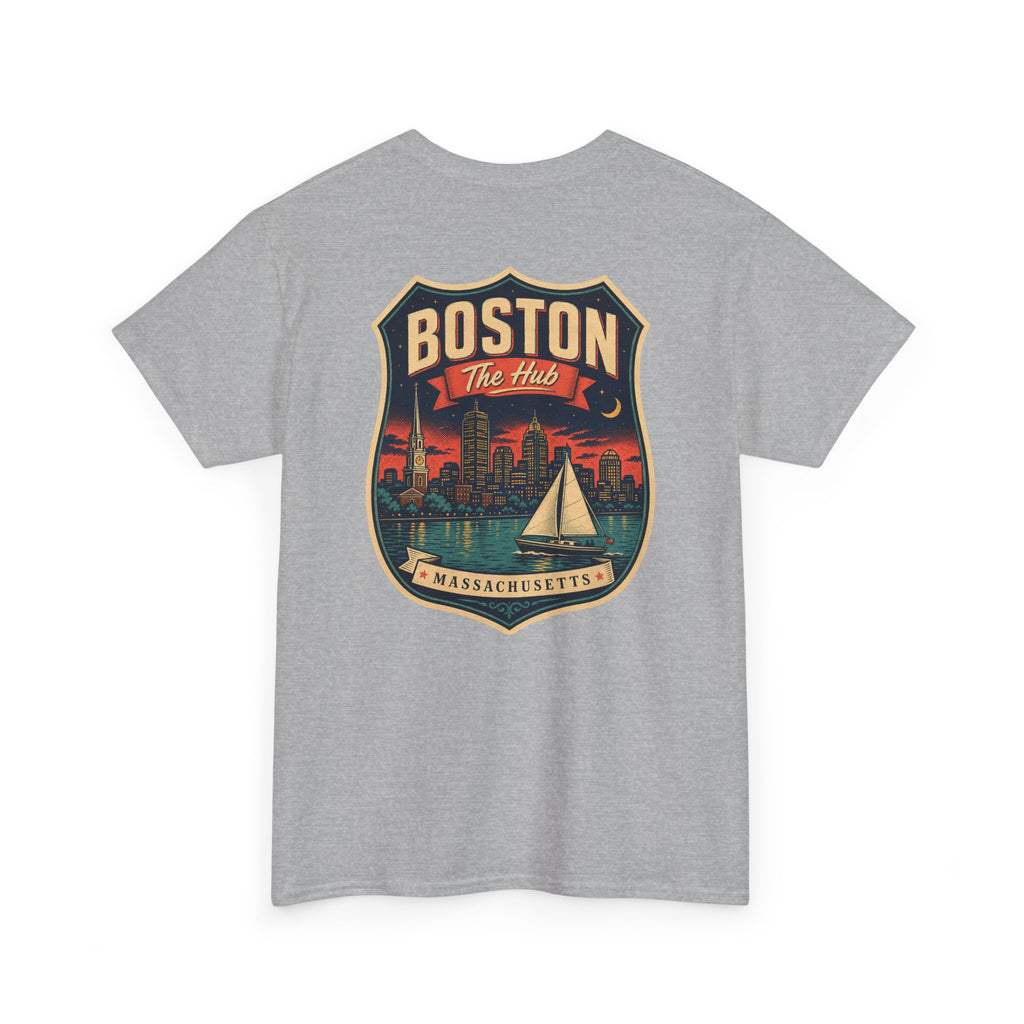 Gray city badge graphic T-shirt with sailboat and skyline crest