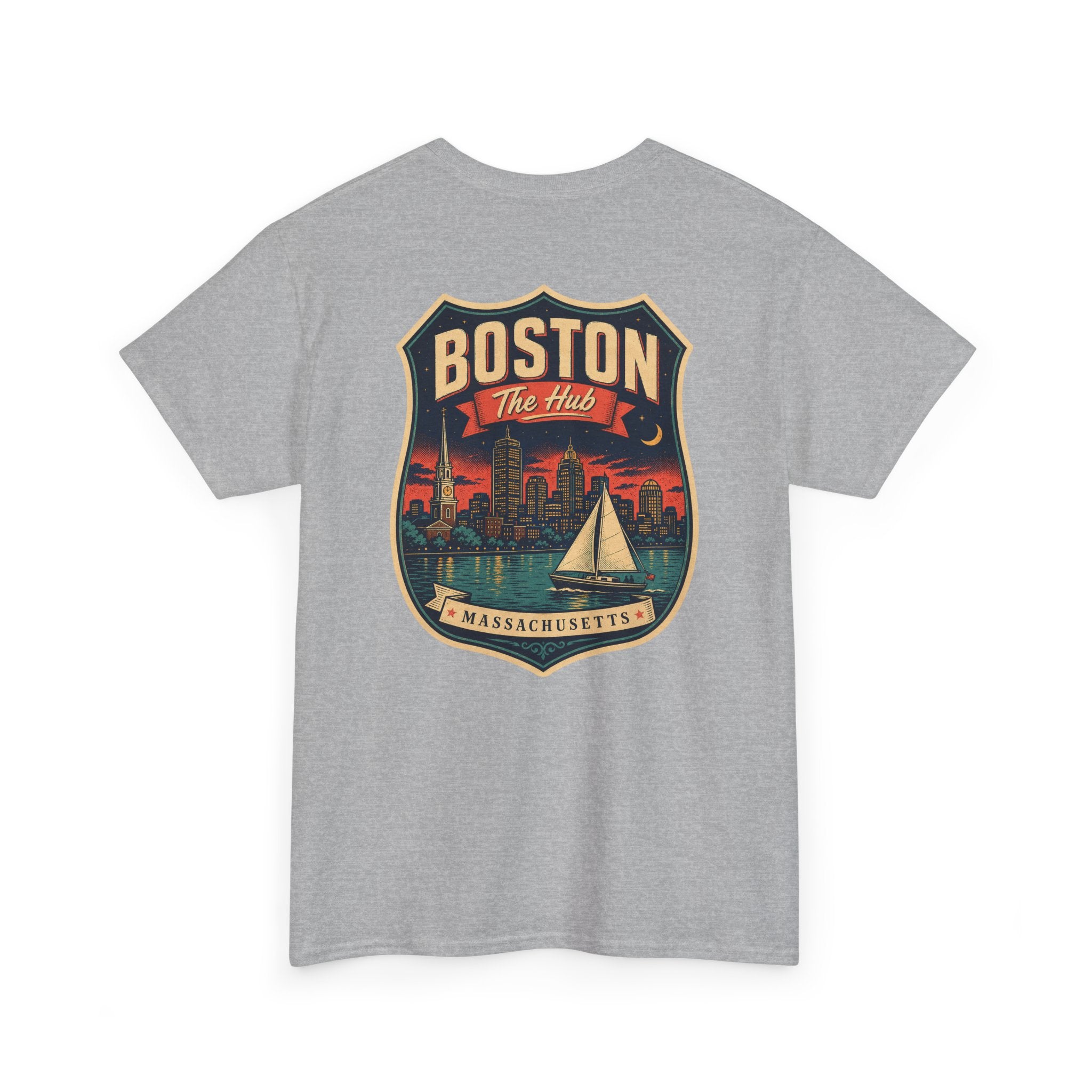 Gray city badge graphic T-shirt with sailboat and skyline crest