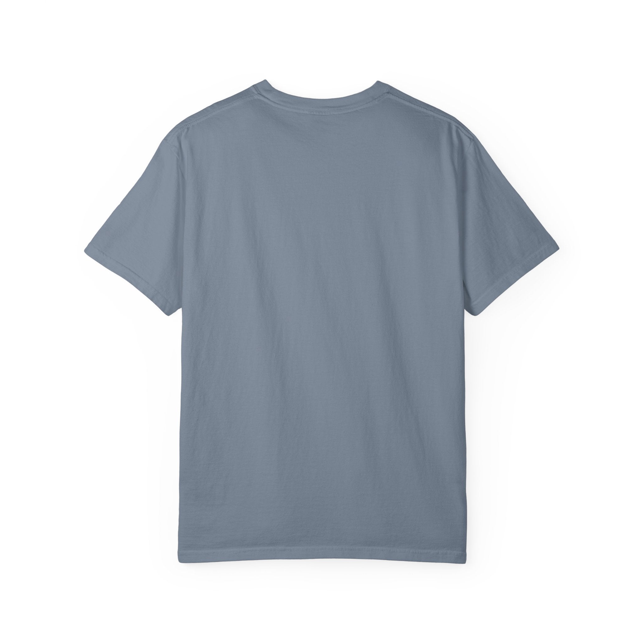 Slate blue crew-neck T-shirt, short sleeves, plain front.