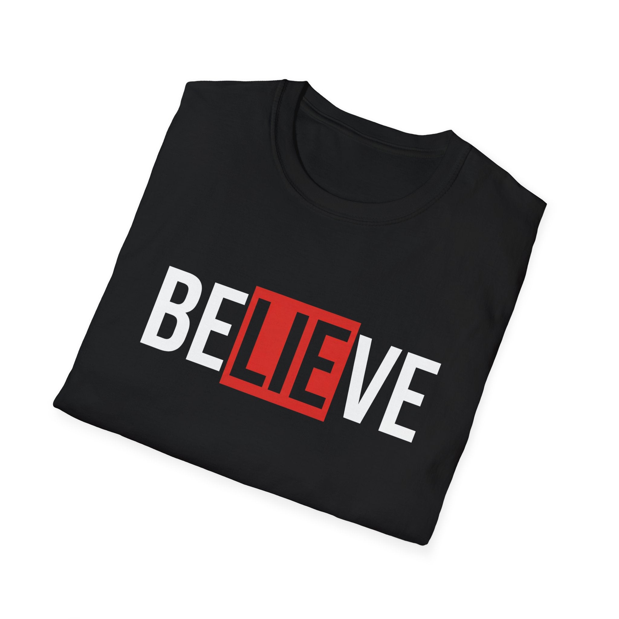 Black folded T-shirt with large 'BELIEVE' word graphic in red and white