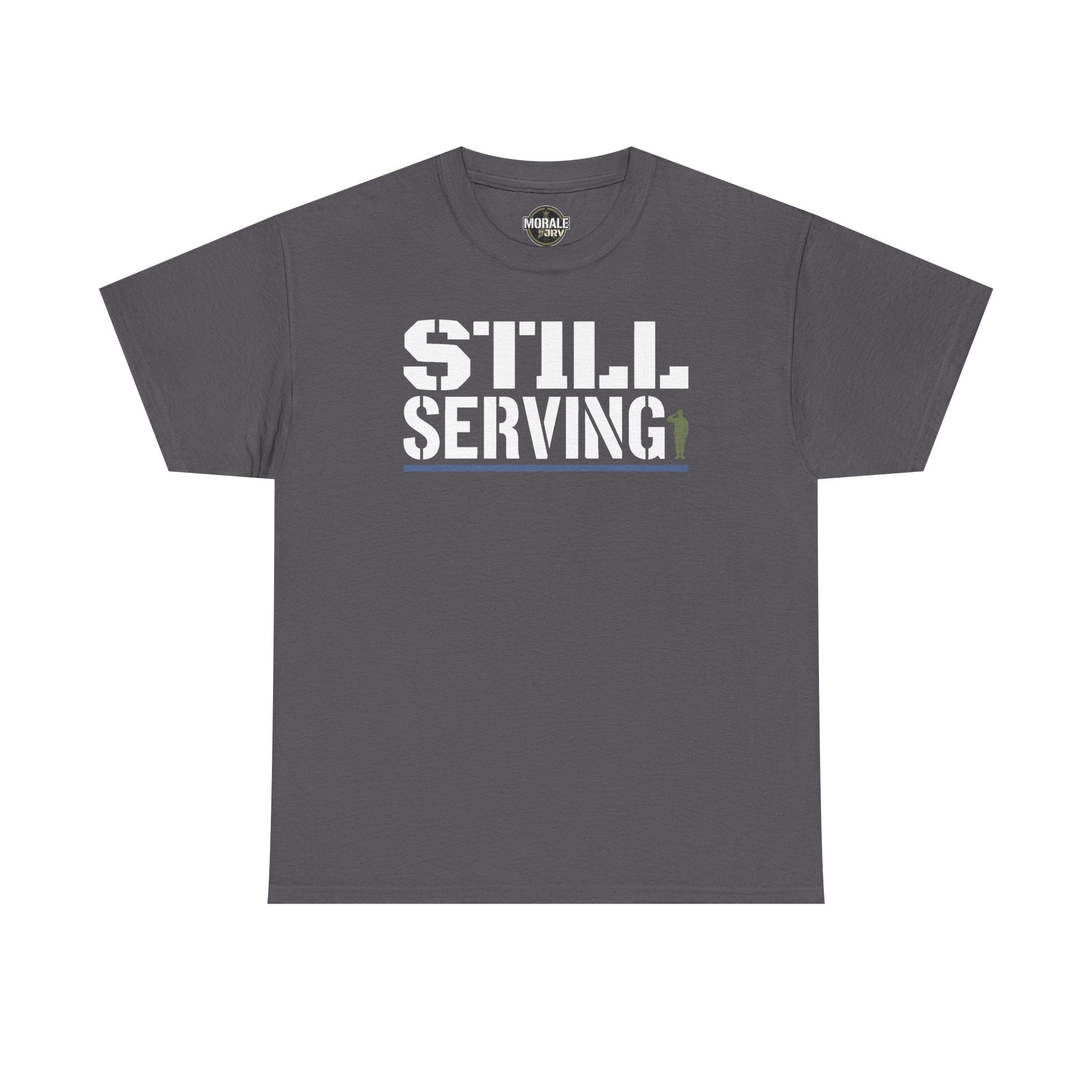 Charcoal crewneck T-shirt with center “STILL SERVING” graphic