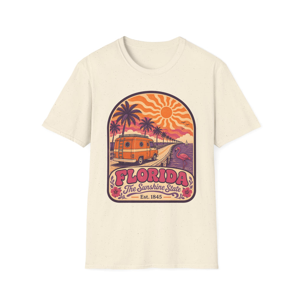 Unisex white graphic t-shirt with Florida palm sunset camper and Est. 1845 badge print