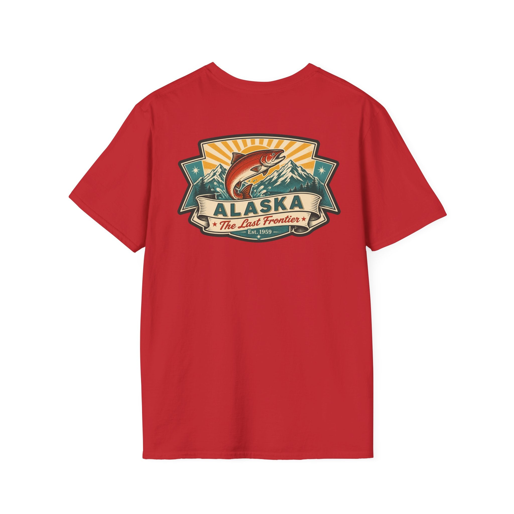 Souvenir T-shirt in red with Alaska badge salmon mountain front print