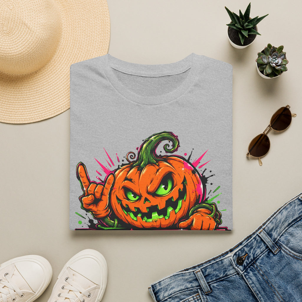 Light gray short-sleeve T-shirt with colorful spooky jack-o-lantern graphic on chest