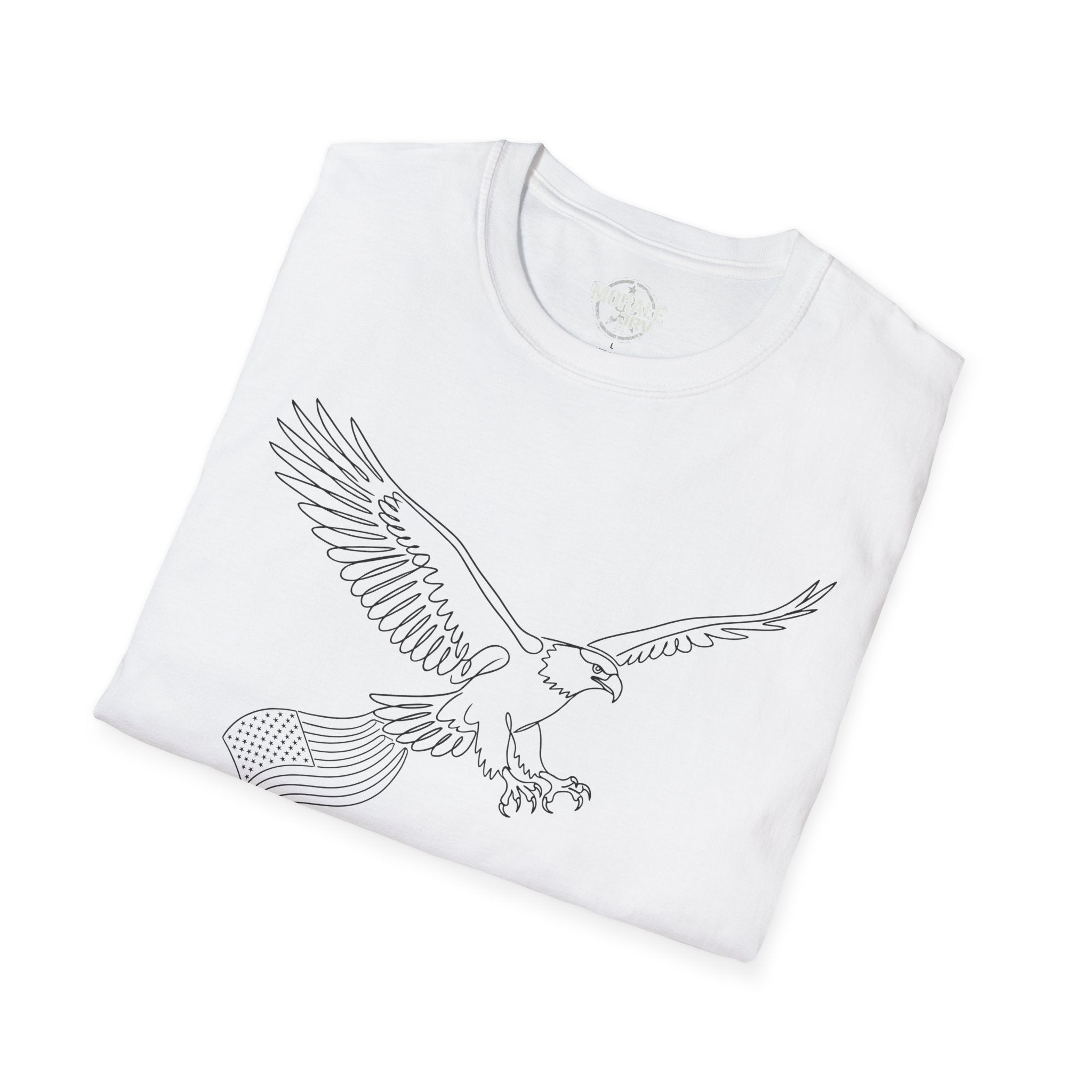 White folded t-shirt with minimalist eagle line-art outline graphic on front.