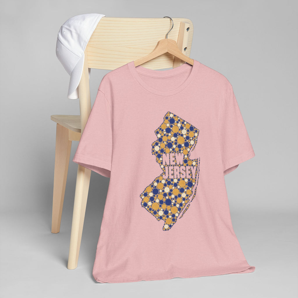 Pink crewneck t-shirt with blue and yellow floral New Jersey map graphic