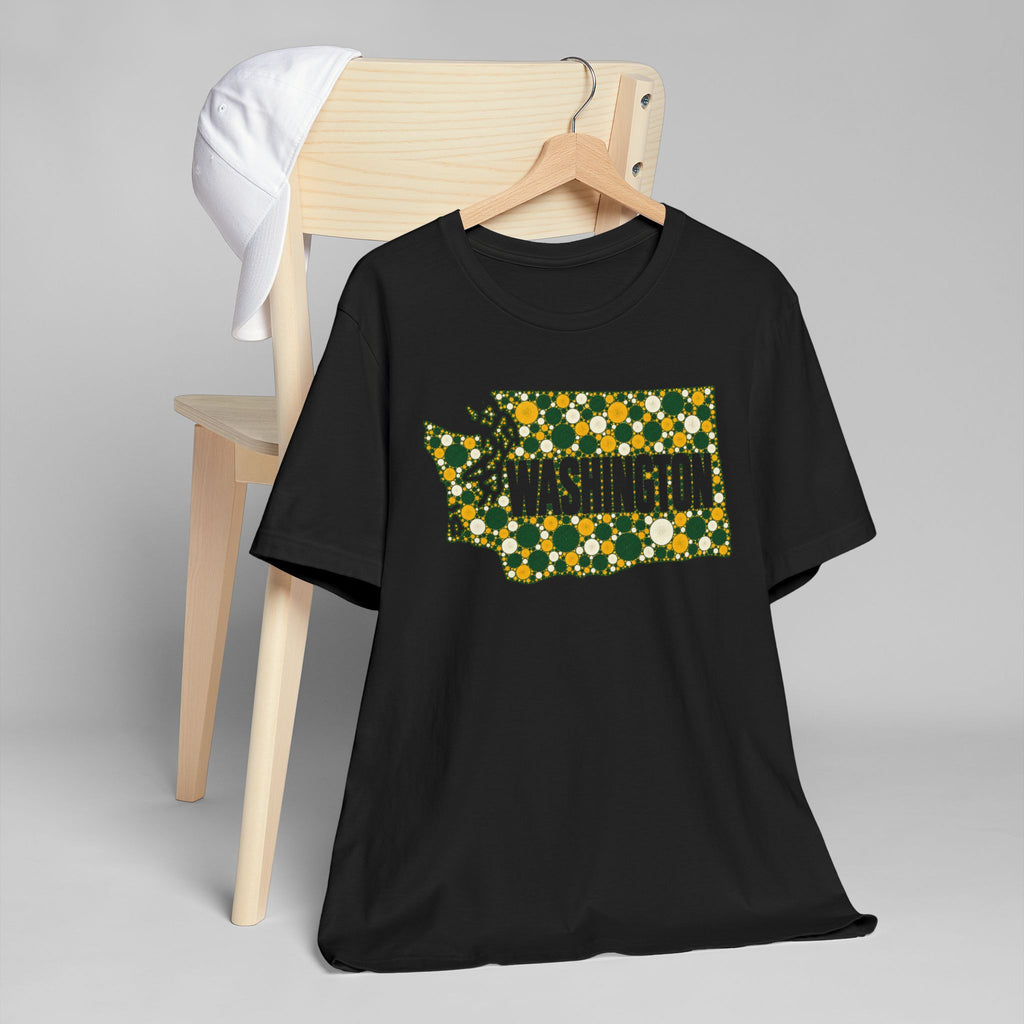 Black short-sleeve T-shirt with green-and-gold Washington state graphic