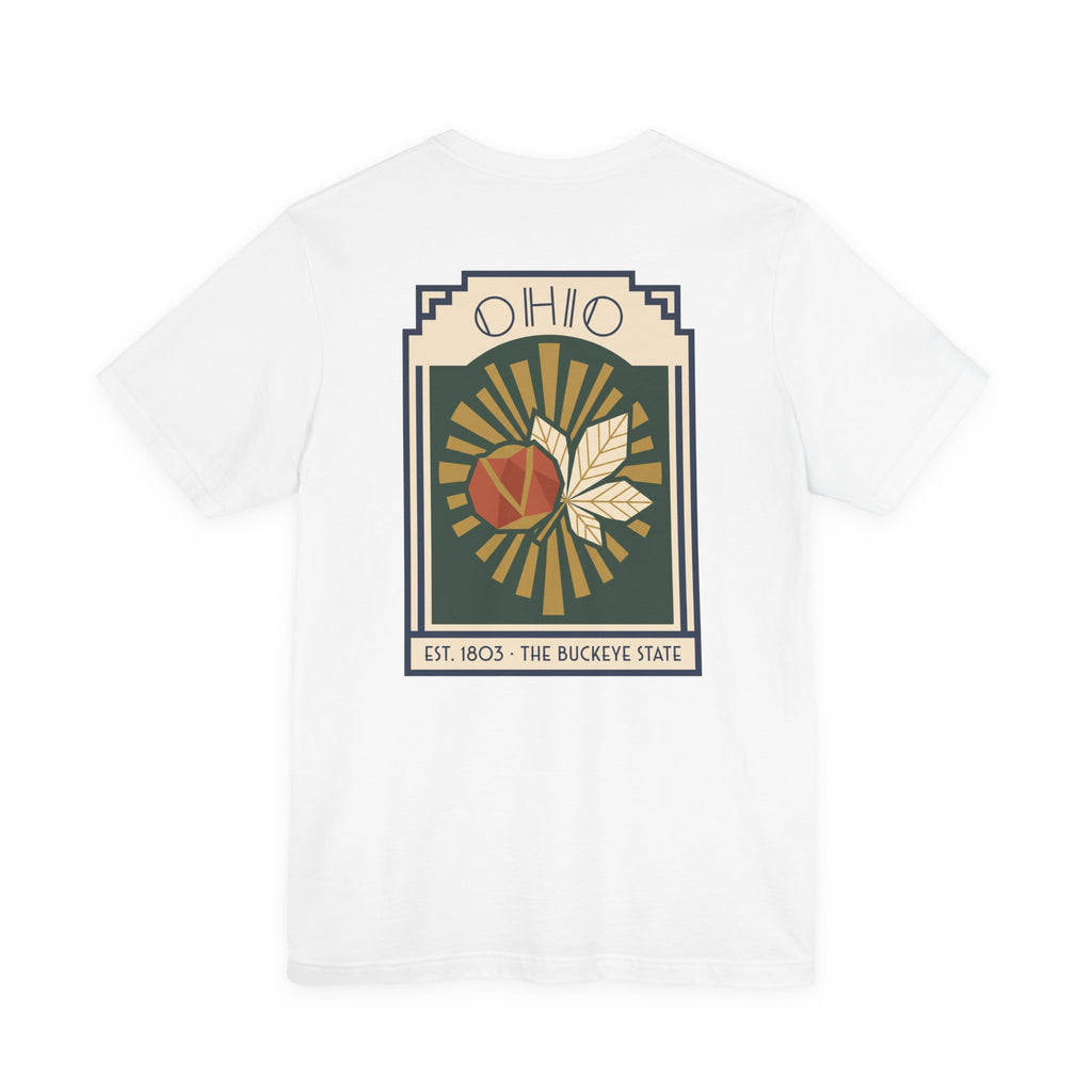 White T-shirt with Ohio sunburst art deco graphic front