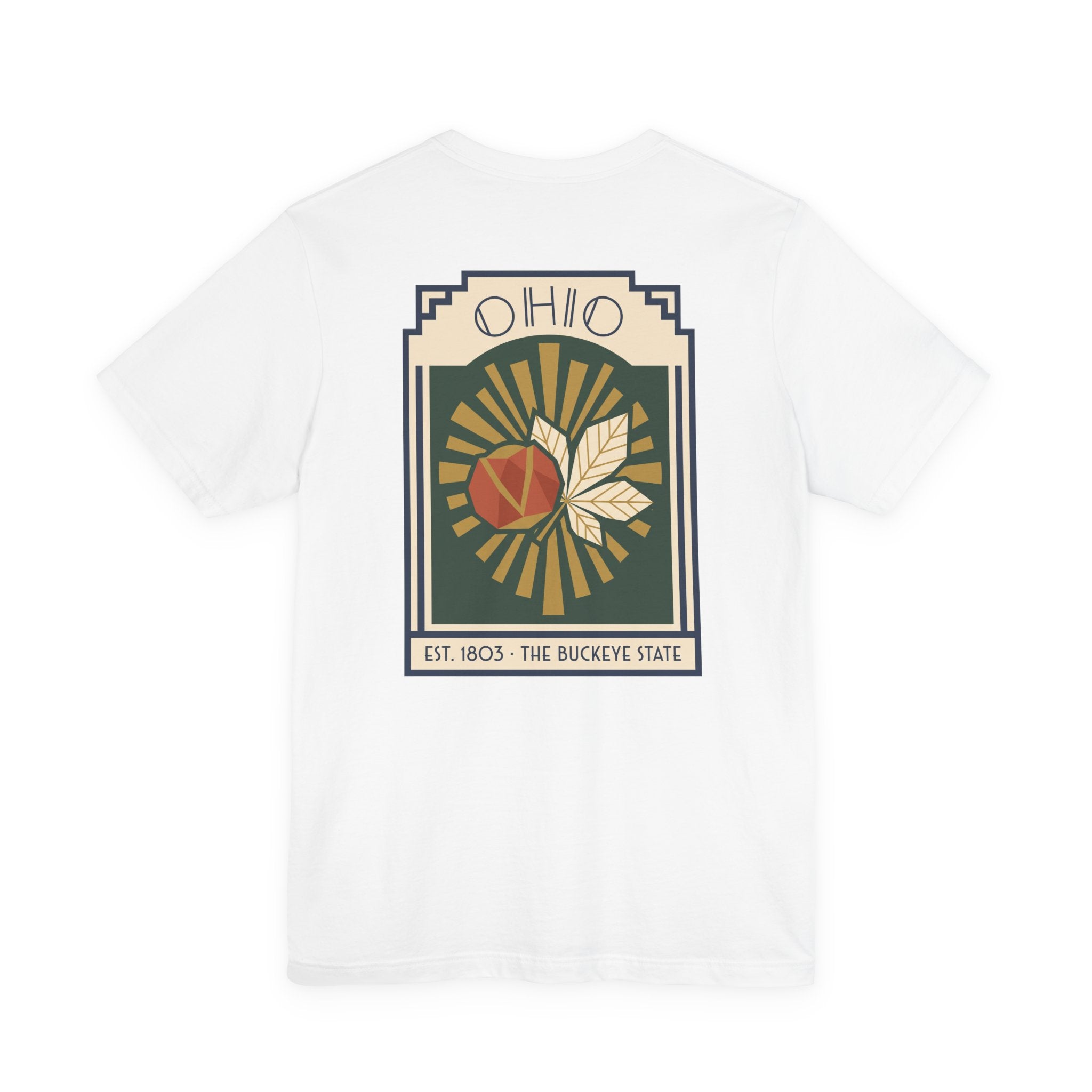 White T-shirt with Ohio sunburst art deco graphic front