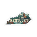 I AM KENTUCKY sticker with map shape, roses, and bourbon bottles in a collage design