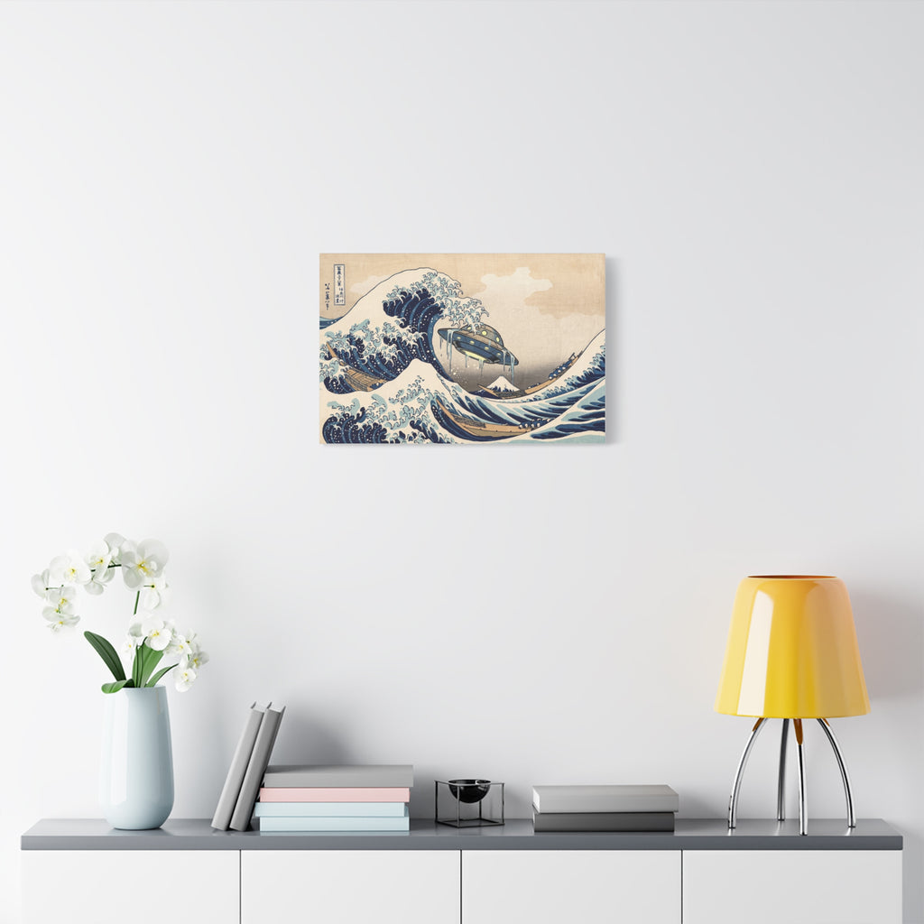 UFO wave print canvas wall art, small version with blue waves and gray hovering vehicle