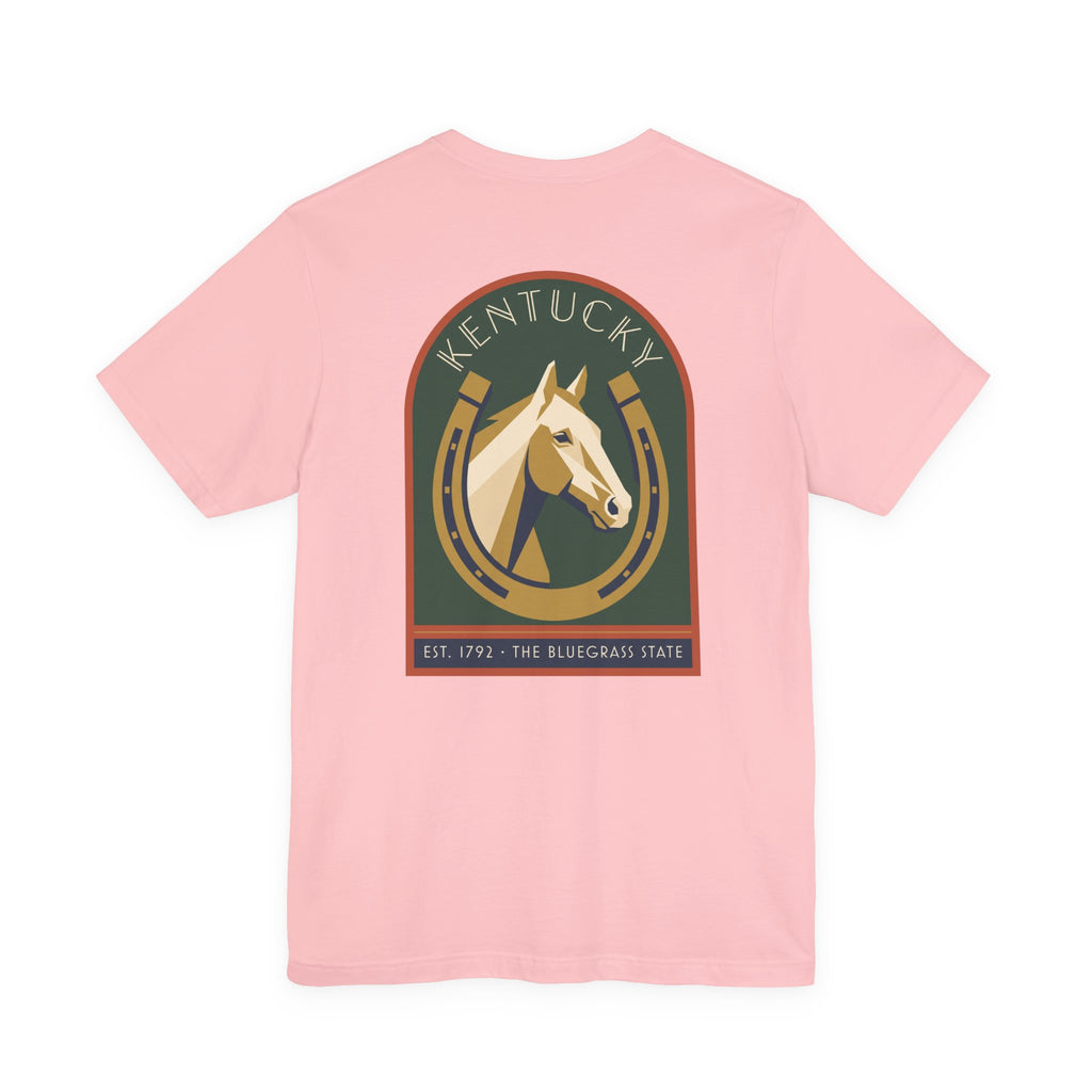 Light pink T-shirt with centered circular horse graphic and text print on front