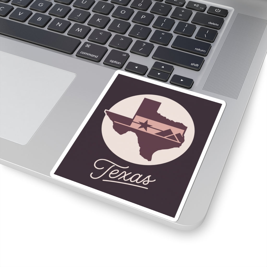 Texas silhouette kiss-cut decal in square border with circular emblem and script "Texas"