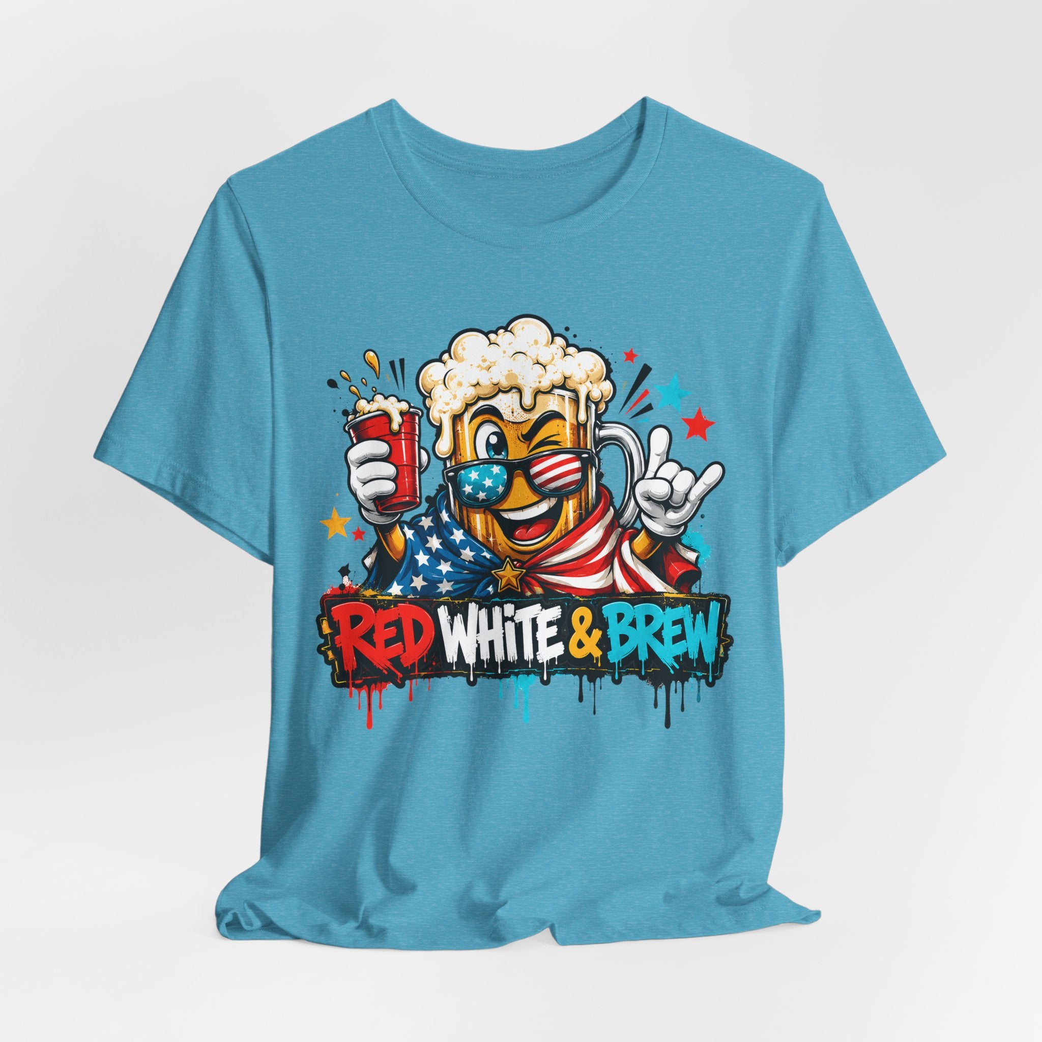 Heather aqua crewneck T-shirt with beer mascot and patriotic graphic