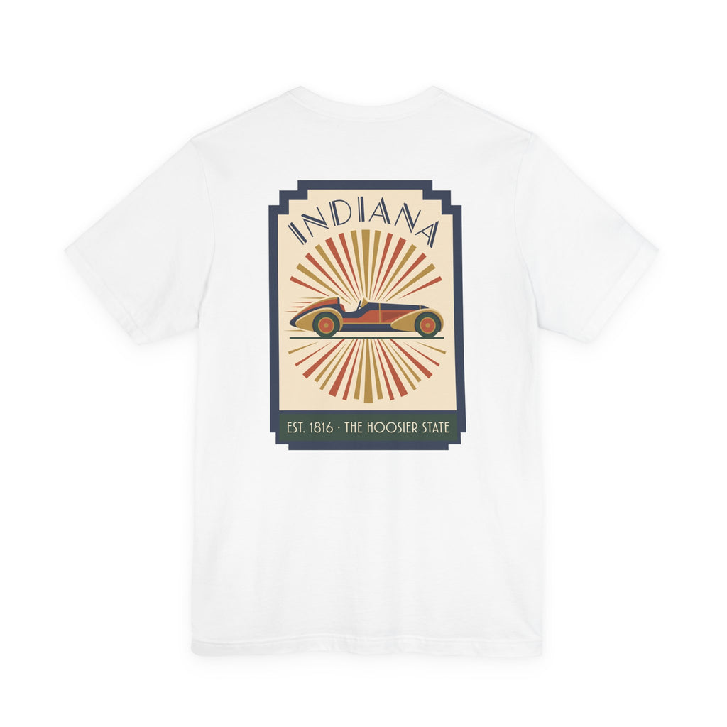 White T-shirt with centered vintage Indiana racecar graphic in a square frame.