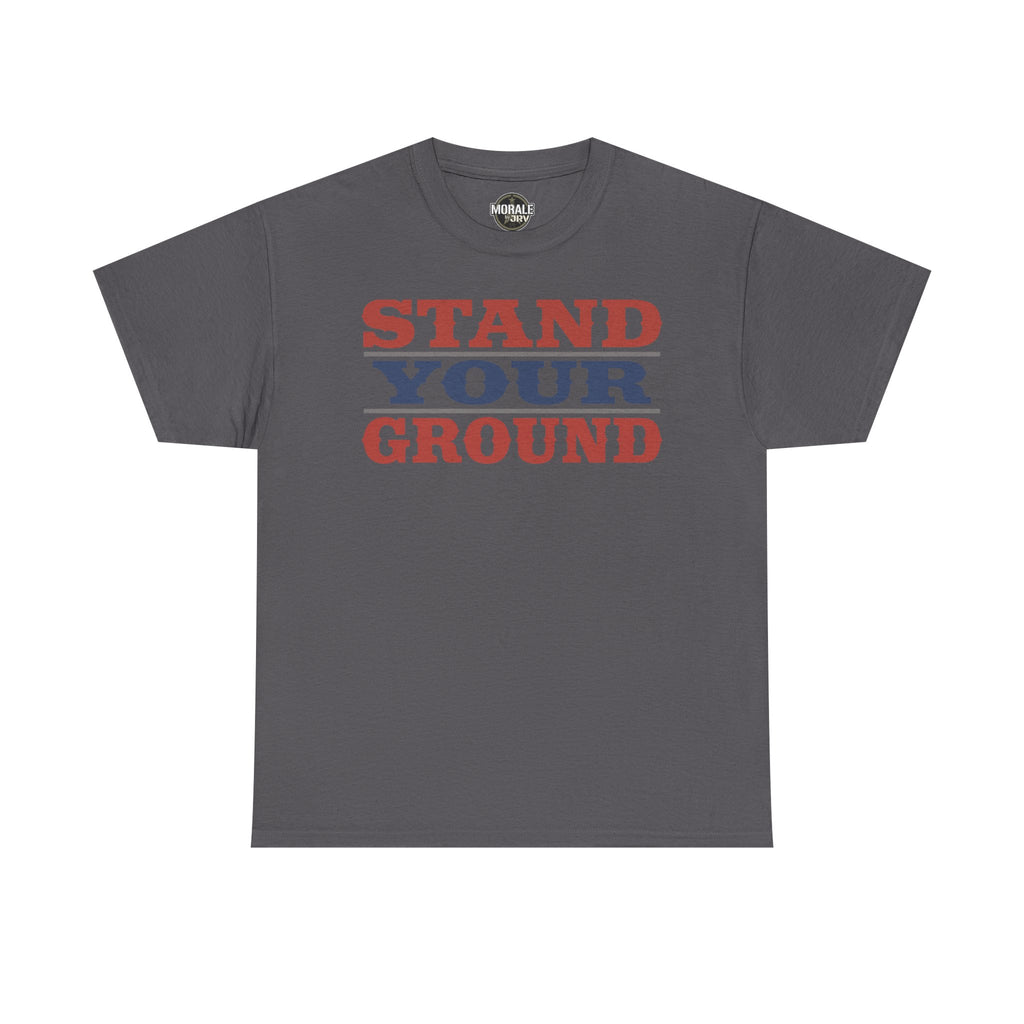 Charcoal crewneck T-shirt with red and blue "STAND YOUR GROUND" vintage text print