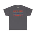 Charcoal crewneck T-shirt with red and blue "STAND YOUR GROUND" vintage text print