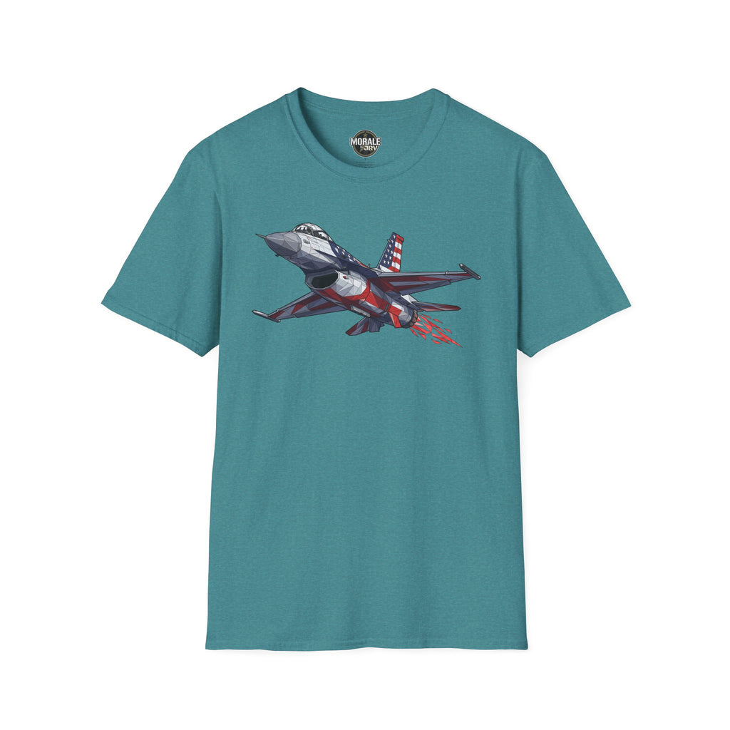F-16 T-Shirt, teal, front graphic of jet with American flag and red motion lines