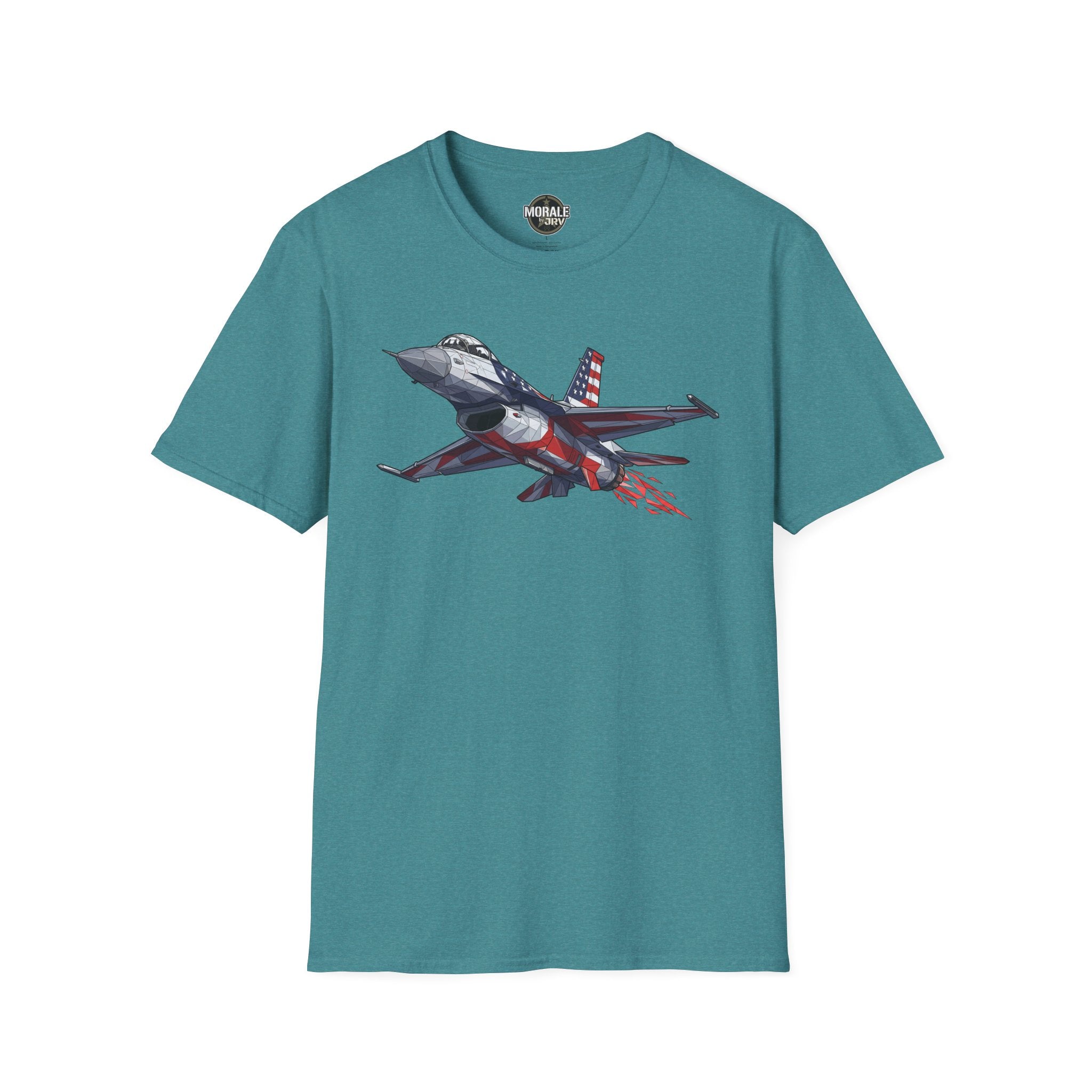 F-16 T-Shirt, teal, front graphic of jet with American flag and red motion lines