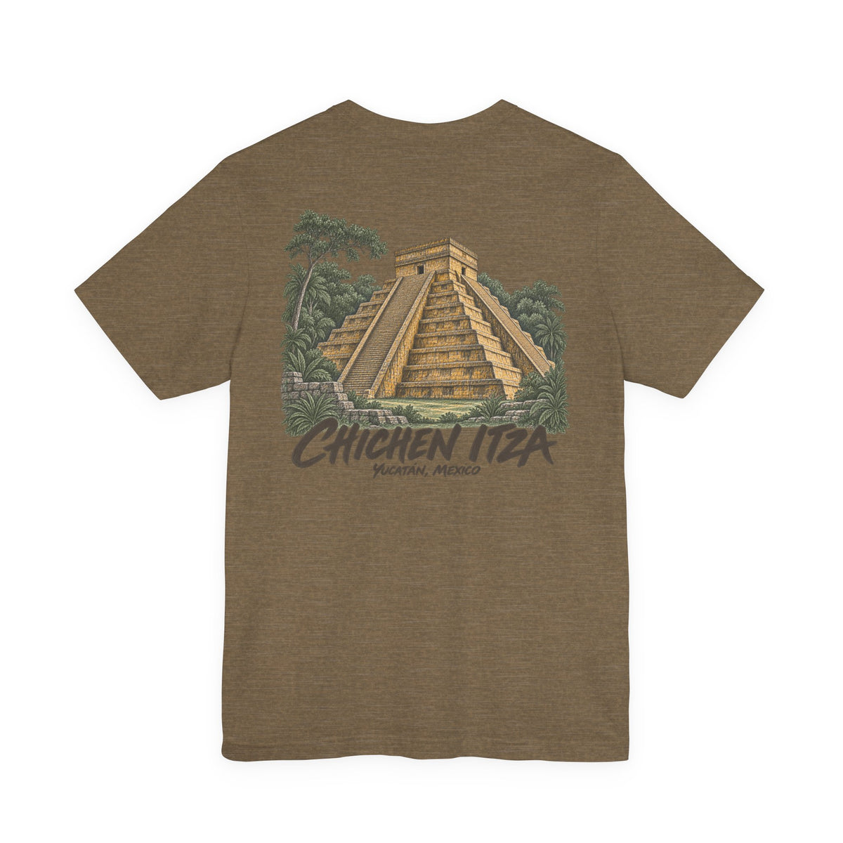 Travel t-shirt, dark brown, front pyramid graphic with vintage Chichen Itza print